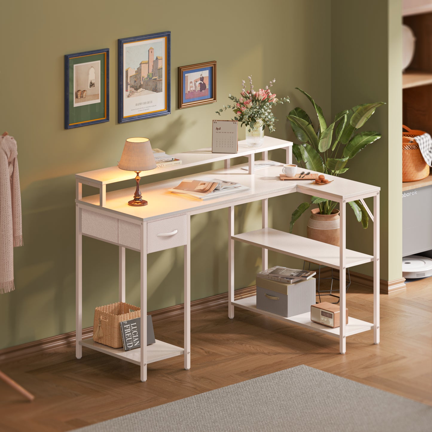 SUPERJARE L Shaped Gaming Desk with LED Lights & Power Outlets, Reversible Computer Desk with Shelves & Drawer, Corner Desk Home Office Desk, All White