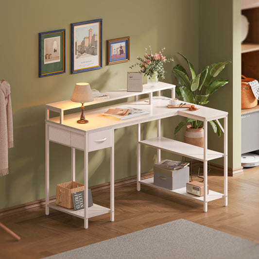 SUPERJARE L Shaped Gaming Desk with LED Lights & Power Outlets, Reversible Computer Desk with Shelves & Drawer, Corner Desk Home Office Desk, All White