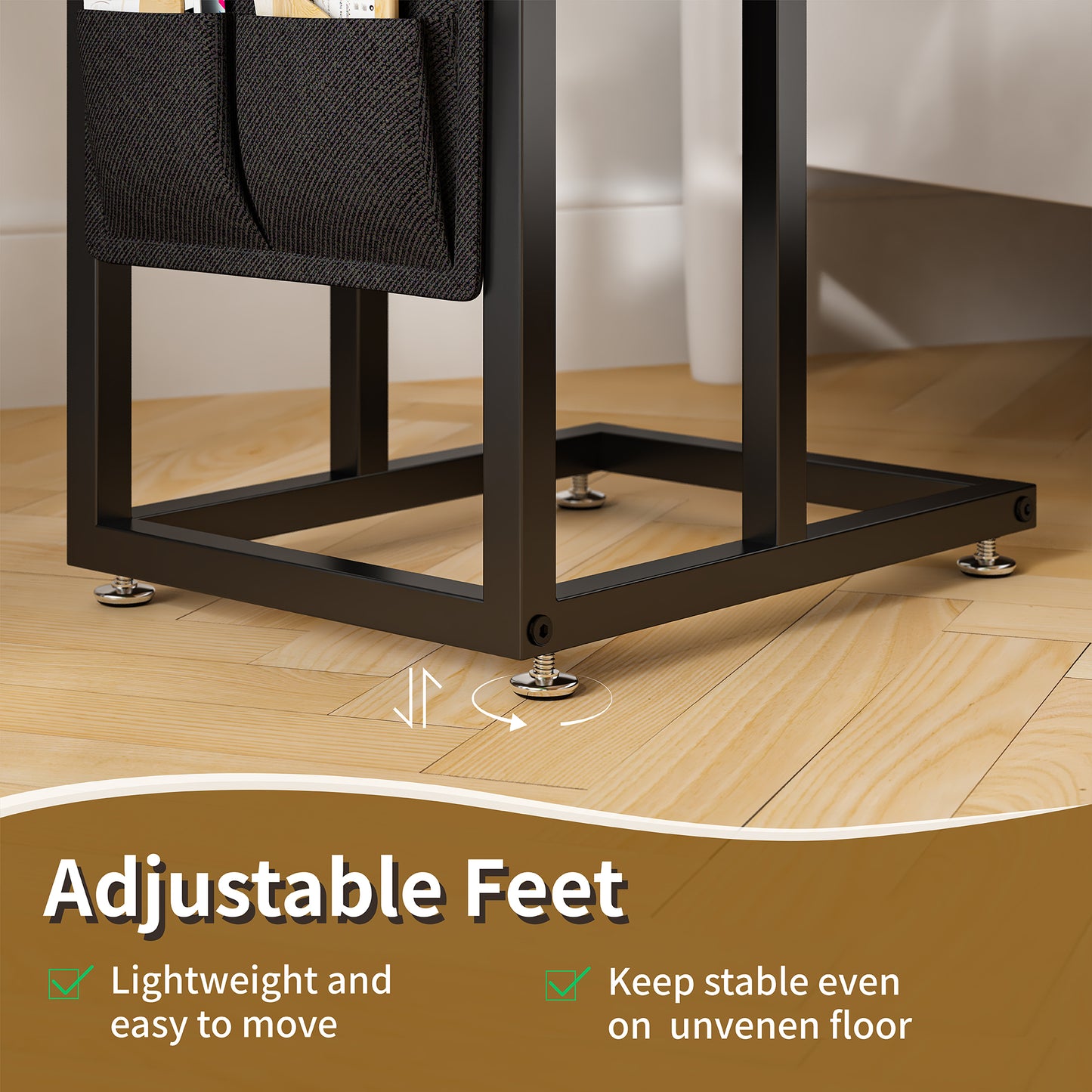 SUPERJARE C Shaped End Table with Charging Station, Side Table with Storage Bag, Couch Table, C Table with USB Port and Outlet, for Living Room, Bed Room, Rustic Brown