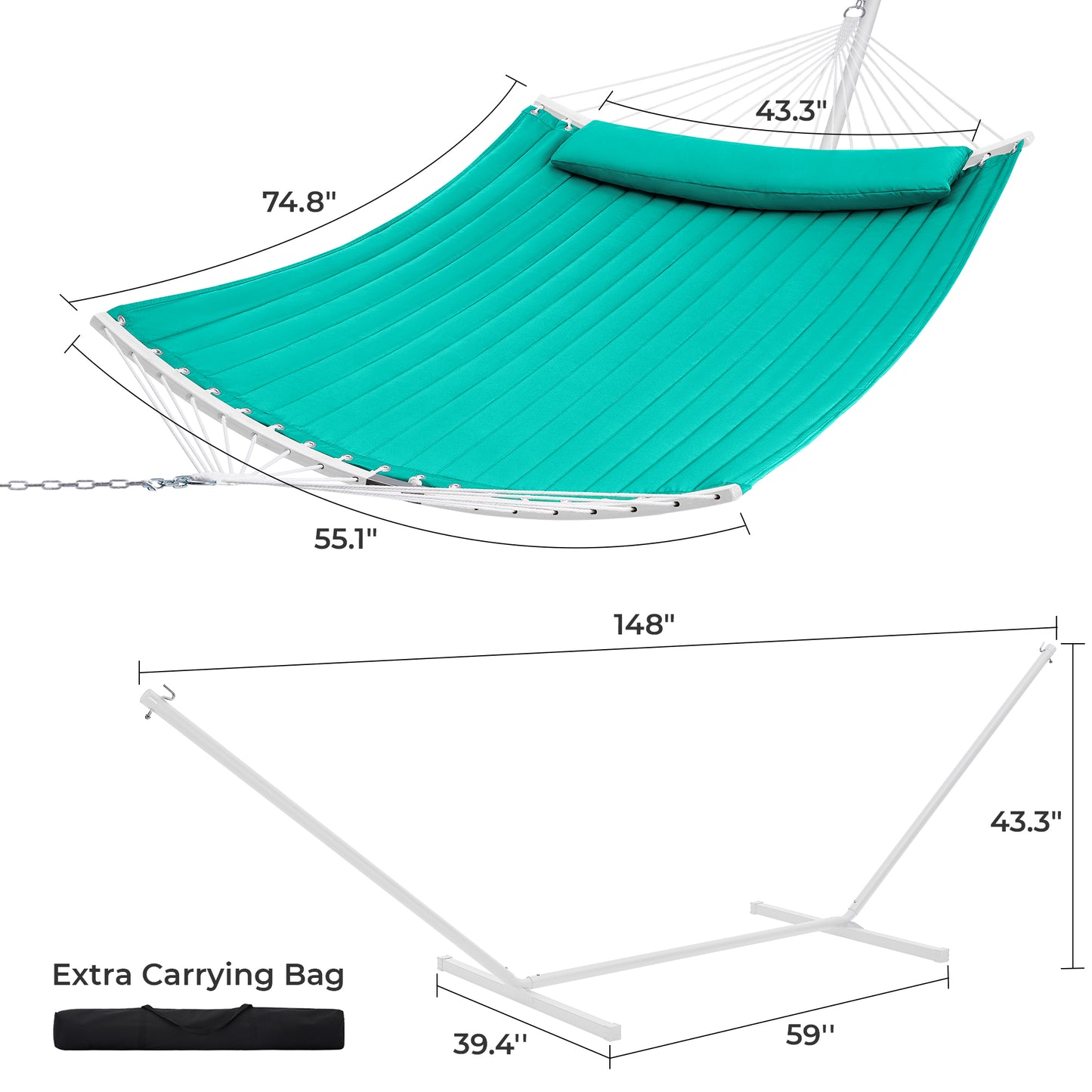 SUPERJARE Hammock with Stand, 2 Person Heavy Duty Hammock with Padded Cotton, Detachable Pillow & Strong Curved-Bar & Portable Carrying Bag, Perfect for Outdoor & Indoor, Turquoise