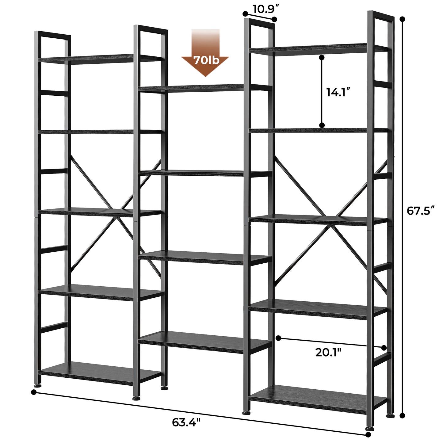 SUPERJARE Triple 5 Tier Bookshelf, Bookcase with 14 Open Display Shelves, Wide Book Shelf Book Case for Home & Office, Black