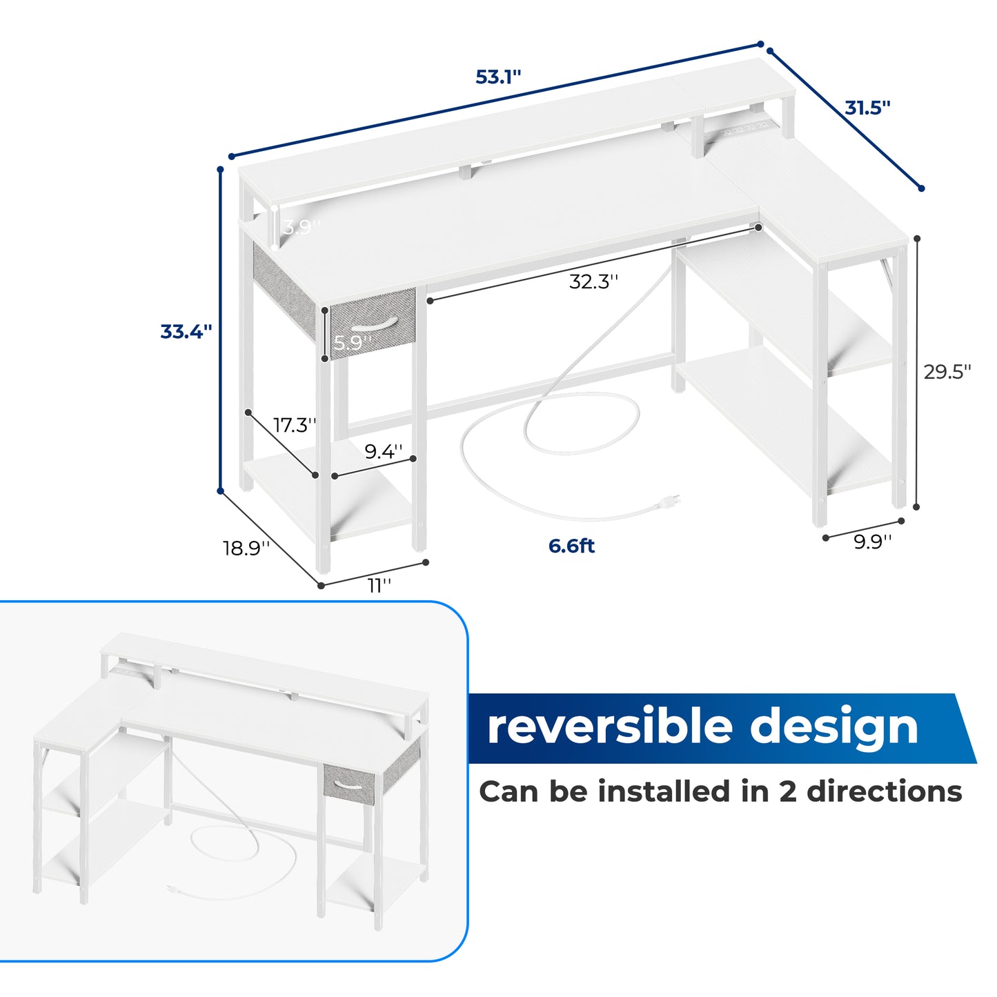 SUPERJARE 53 Inch L Shaped Desk with LED Lights & Power Outlets, Reversible Computer Desk with Shelves & Drawer, Corner Desk Home Office Desk, White