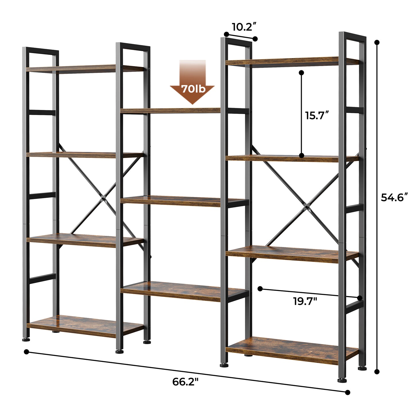 SUPERJARE Triple 4 Tier Bookshelf, Bookcase with 11 Open Display Shelves, Wide Book Shelf Book Case for Home & Office, Rustic Brown