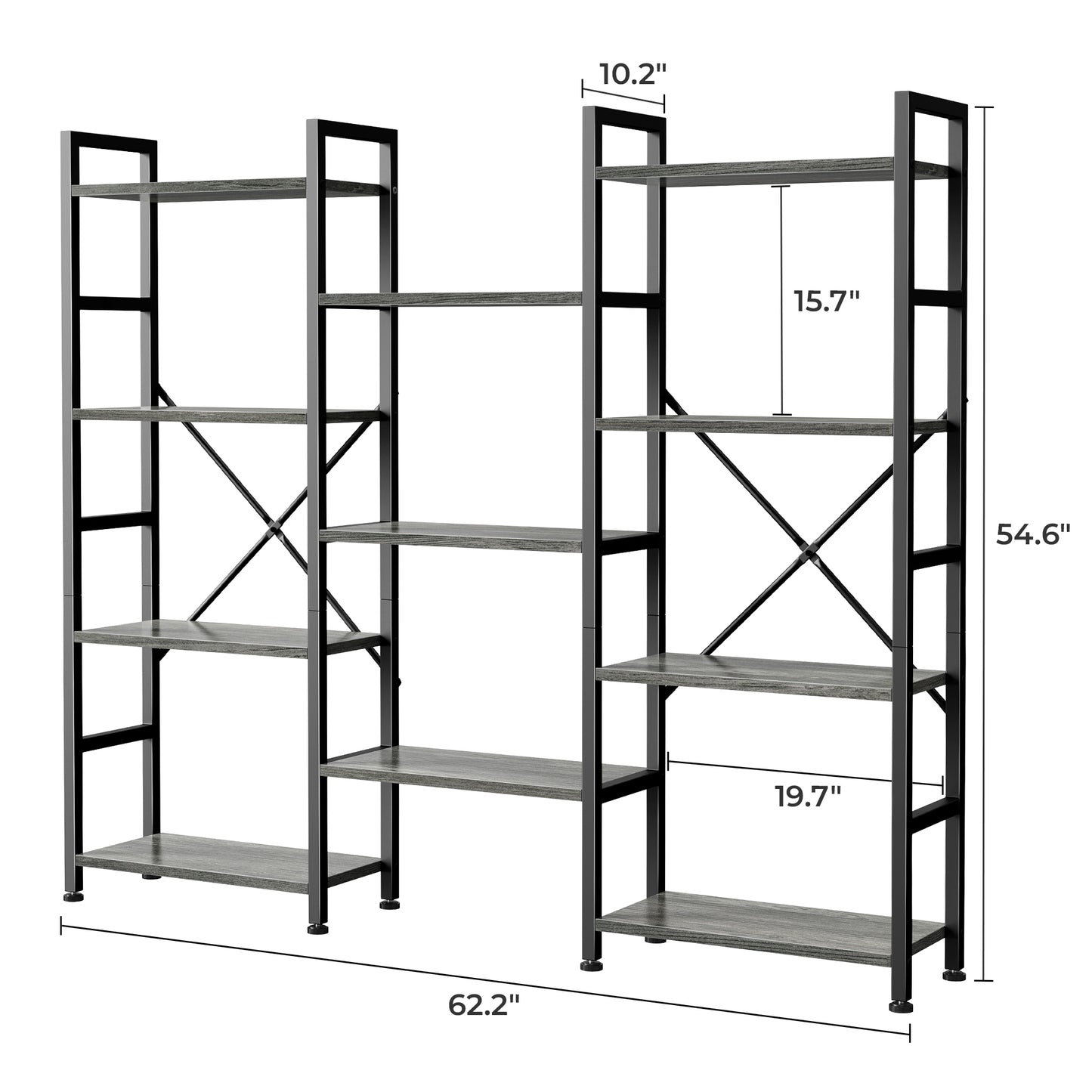 SUPERJARE Triple 4 Tier Bookshelf, Bookcase with 11 Open Display Shelves, Grey
