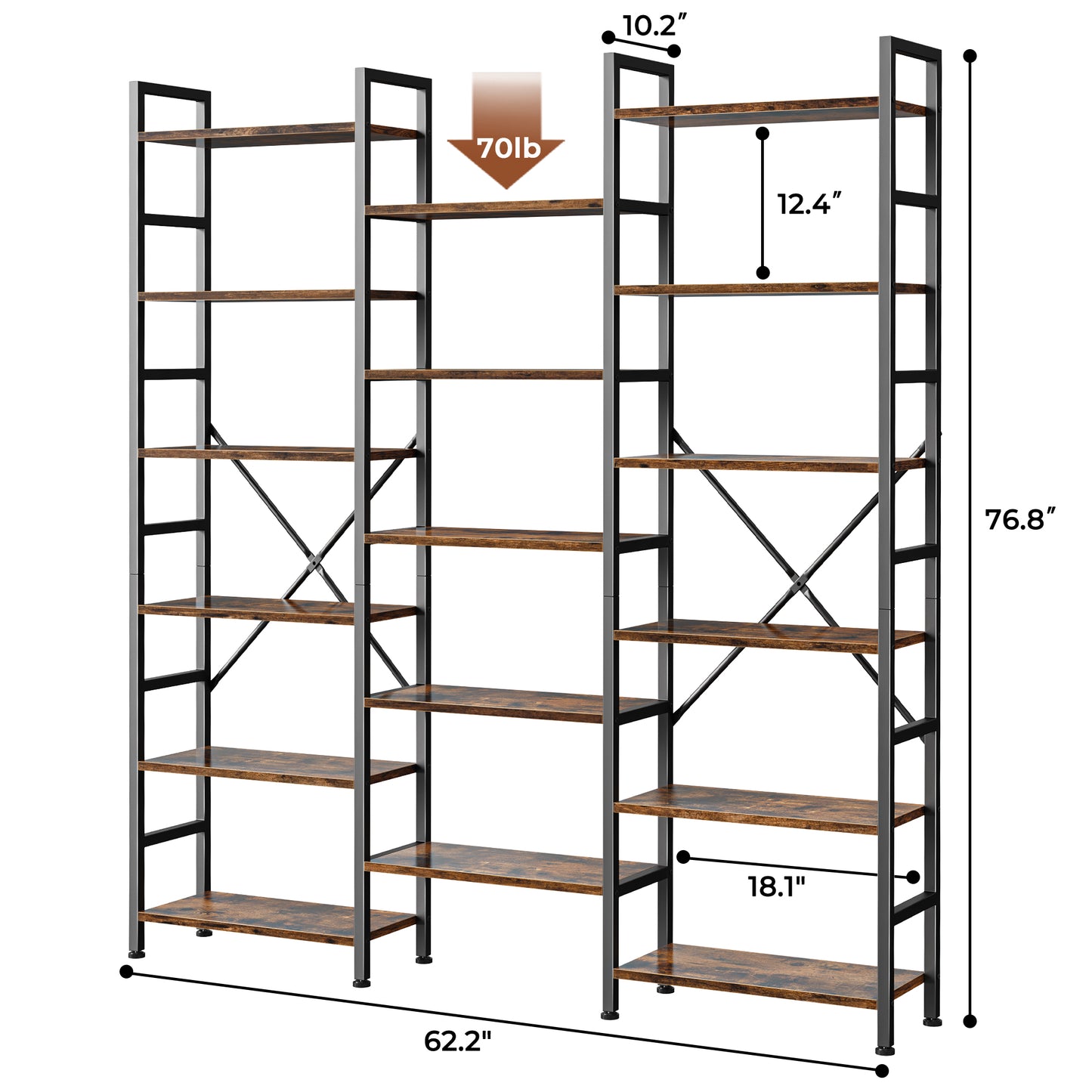 SUPERJARE Triple 6 Tier Bookshelf, Bookcase with 17 Open Display Shelves, Wide Book Shelf Book Case for Home & Office, Rustic Brown