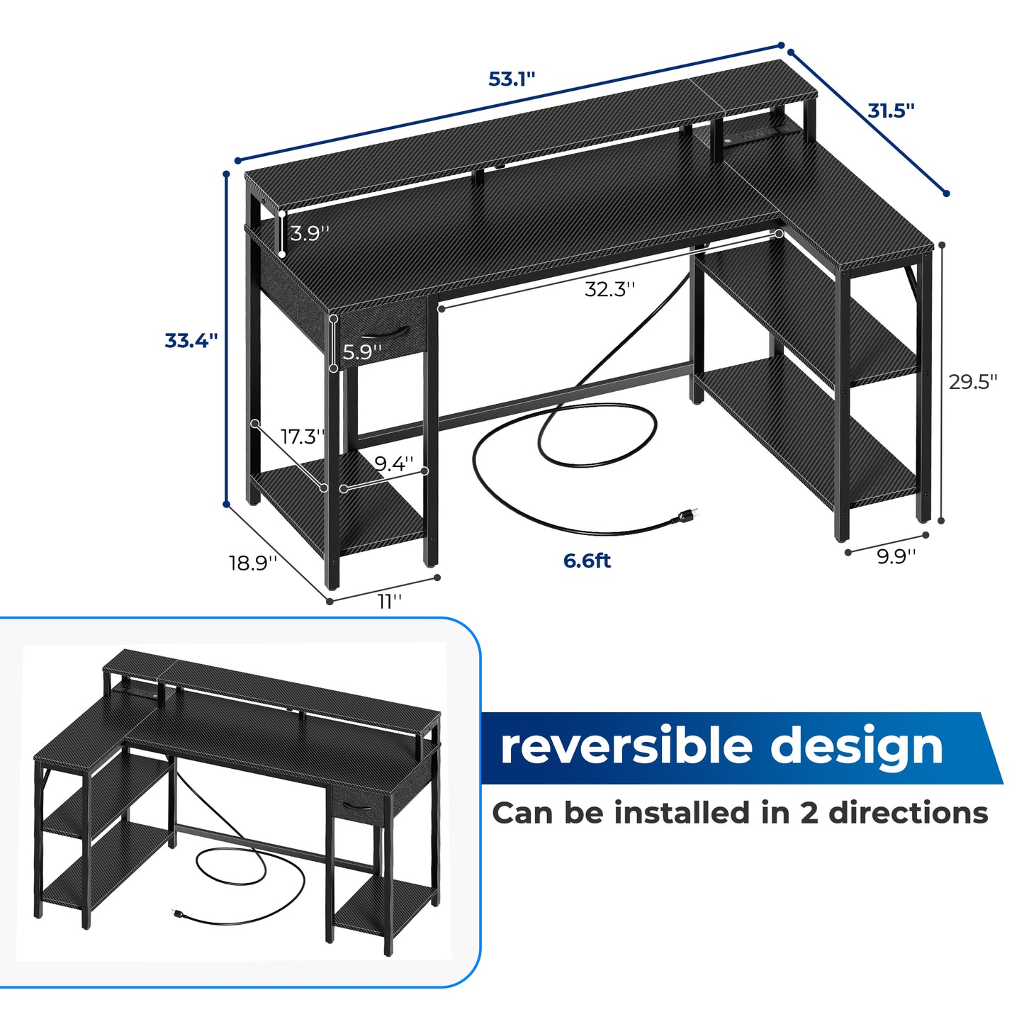 SUPERJARE 53 Inch L Shaped Desk with LED Lights & Power Outlets, Reversible Computer Desk with Shelves & Drawer, Corner Desk Home Office Desk, Carbon Fiber Black