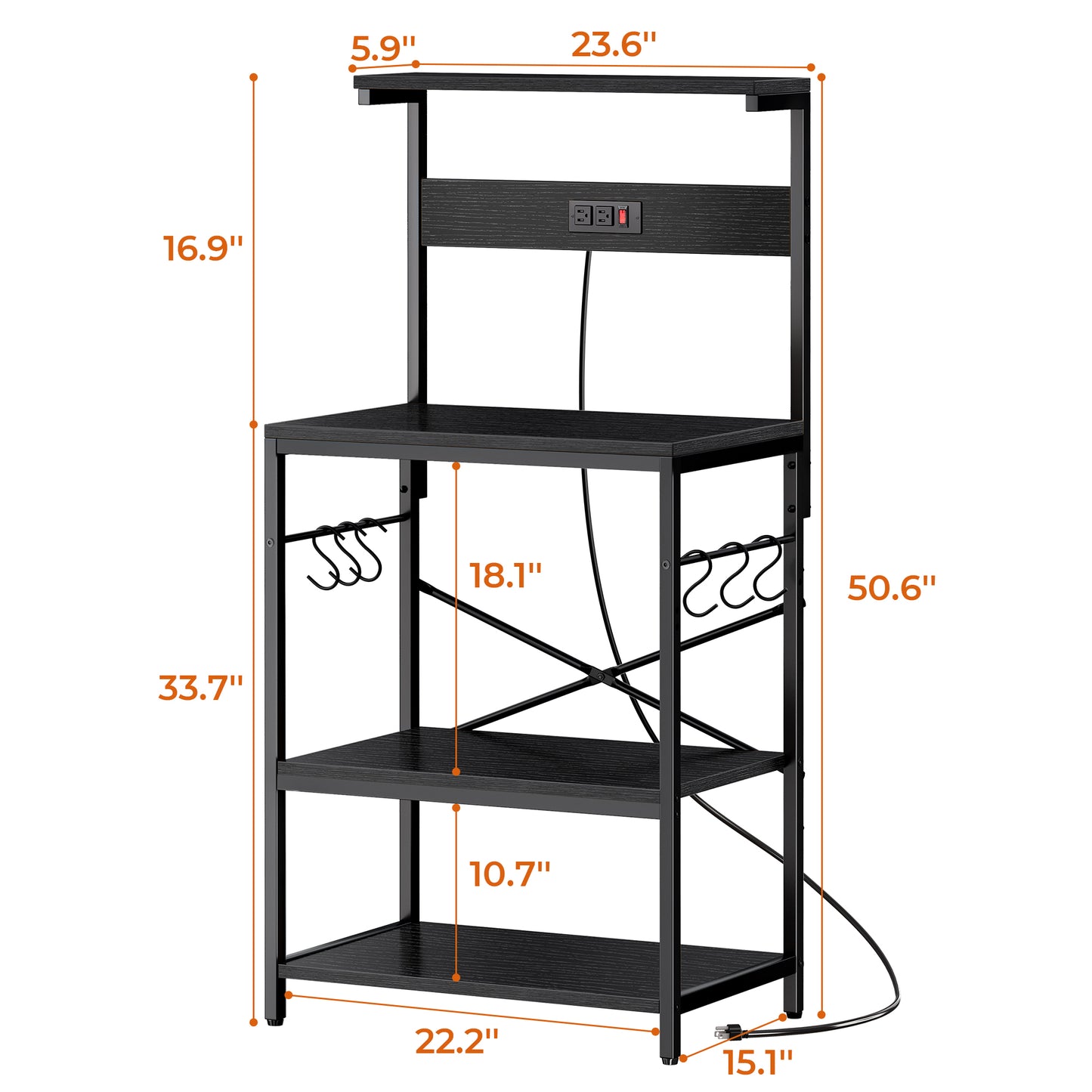 SUPERJARE Kitchen Bakers Rack with Power Outlet, Coffee Bar Table 4 Tiers, Kitchen Microwave Stand with 6 S-shaped Hooks, Kitchen Storage Shelf Rack for Spices, Pots and Pans - Black