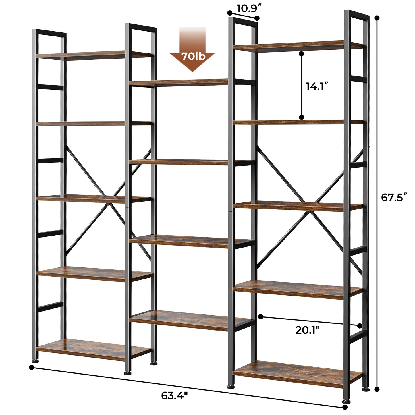 SUPERJARE Triple 5 Tier Bookshelf, Bookcase with 14 Open Display Shelves, Wide Book Shelf Book Case for Home & Office, Rustic Brown