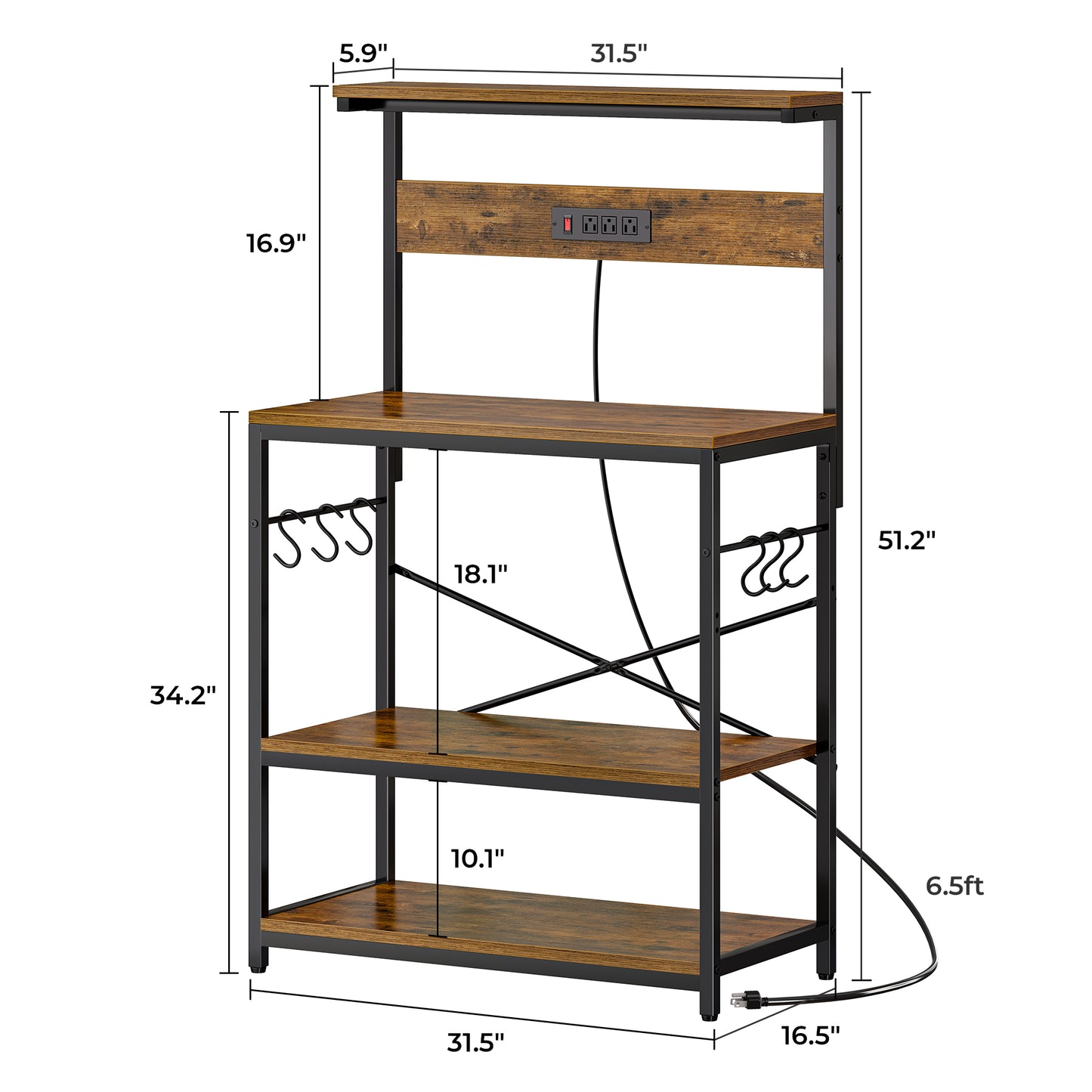 SUPERJARE Bakers Rack with Power Outlets, Microwave Stand, 31.5 X 16.5 Inch Larger Desktop, Kitchen Storage Rack with Adjustable Middle Shelf, 6 S-Shaped Hooks, Coffee Bar Stand, Rustic Brown