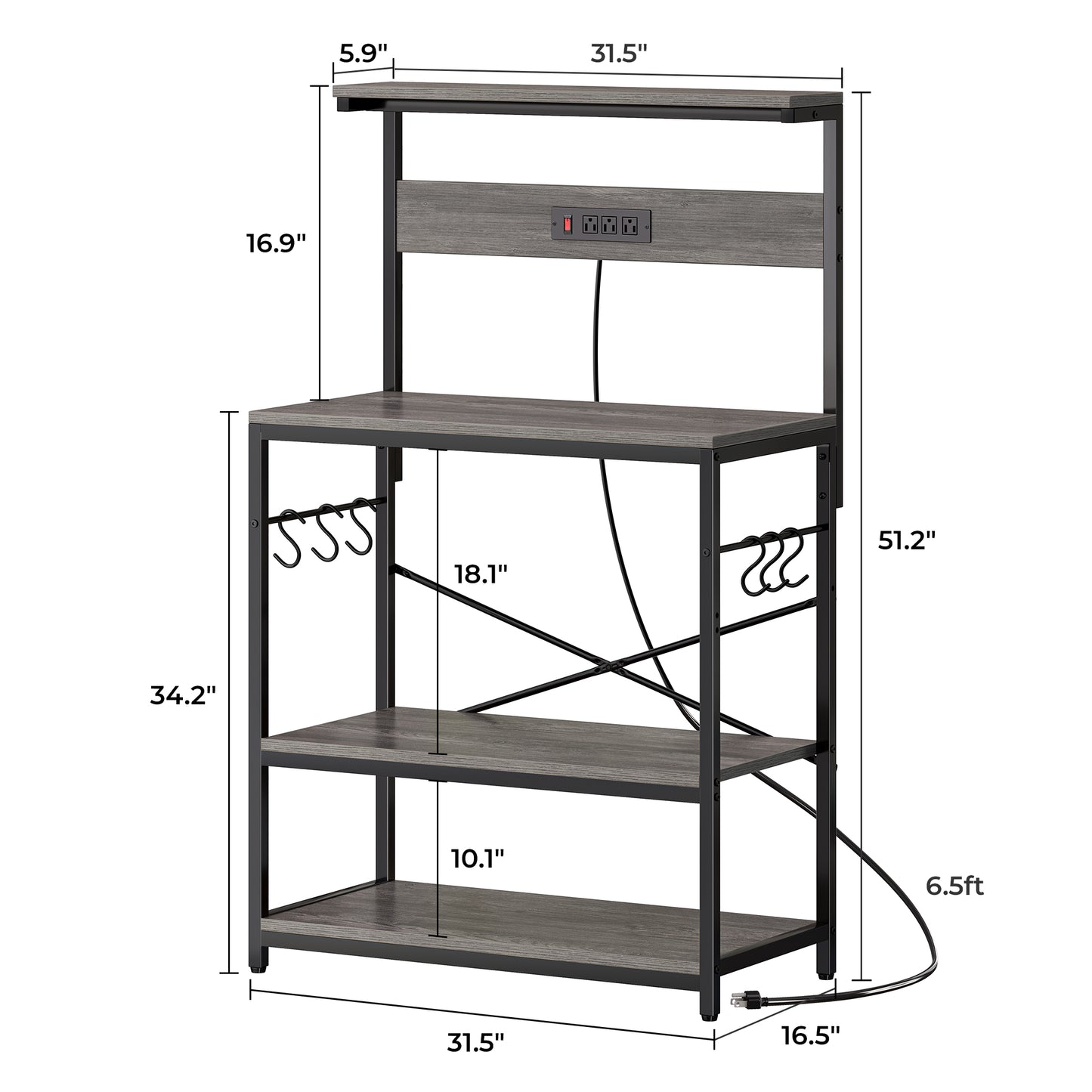 SUPERJARE Bakers Rack with Power Outlets, Microwave Stand, 31.5 X 16.5 Inch Larger Desktop, Kitchen Storage Rack with Adjustable Middle Shelf, 6 S-Shaped Hooks, Coffee Bar Stand, Grey