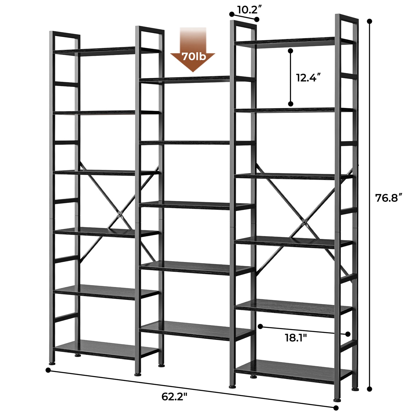 SUPERJARE Triple 6 Tier Bookshelf, Bookcase with 17 Open Display Shelves, Wide Book Shelf Book Case for Home & Office, Black