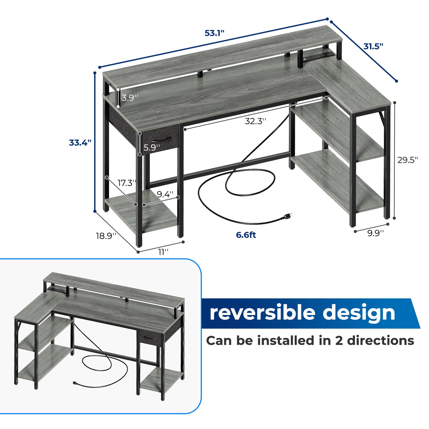 SUPERJARE 53 Inch L Shaped Desk with LED Lights & Power Outlets, Reversible Computer Desk with Shelves & Drawer, Corner Desk Home Office Desk, Grey