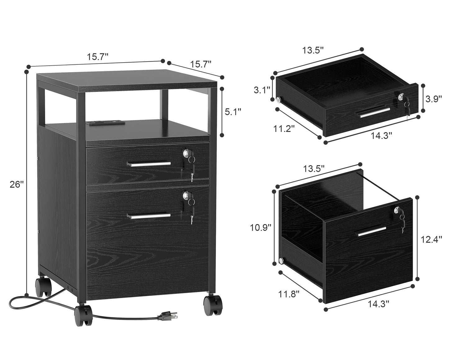 SUPERJARE File Cabinet with Lock & Charging Station, Black 7301BC