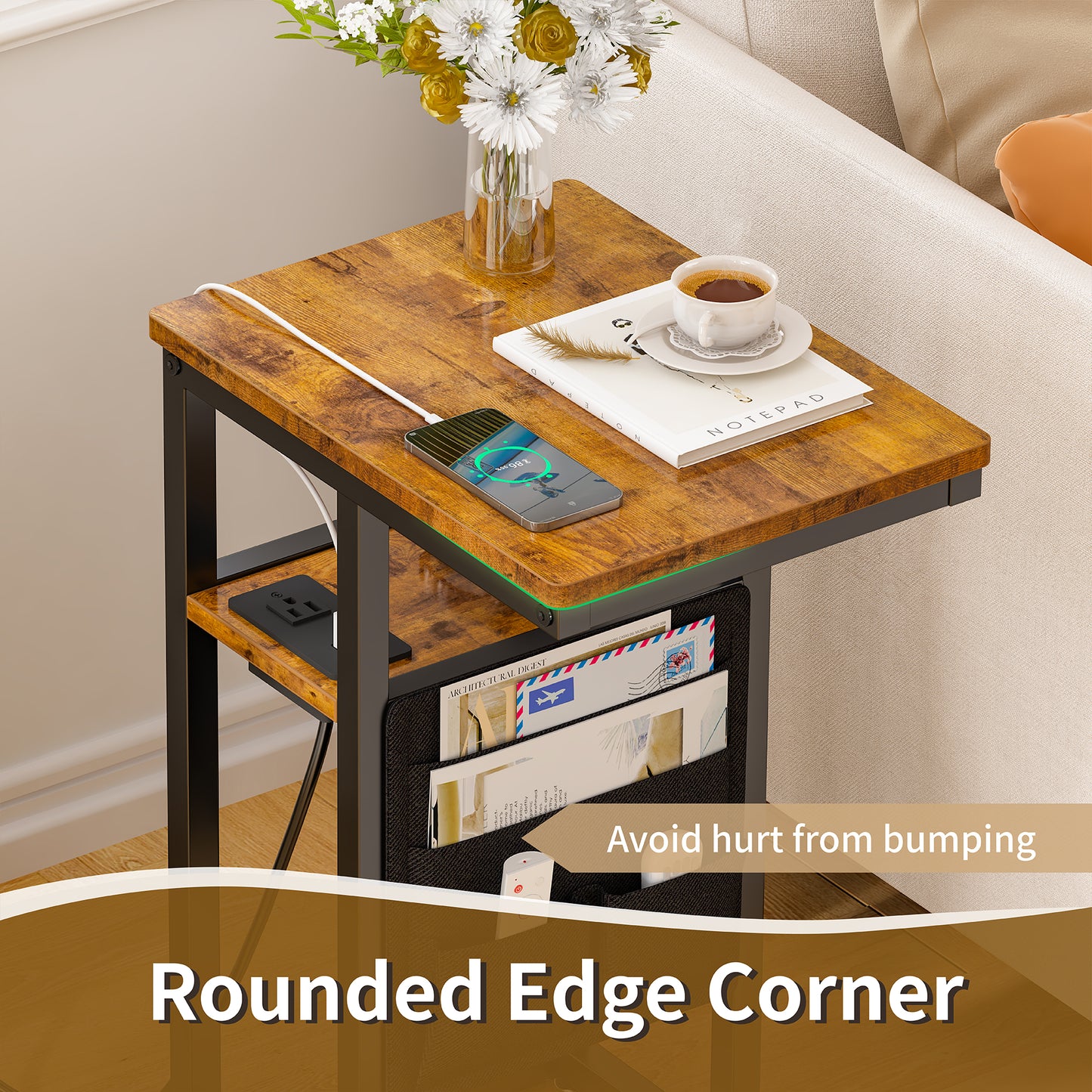 SUPERJARE C Shaped End Table with Charging Station, Side Table with Storage Bag, Couch Table, C Table with USB Port and Outlet, for Living Room, Bed Room, Rustic Brown