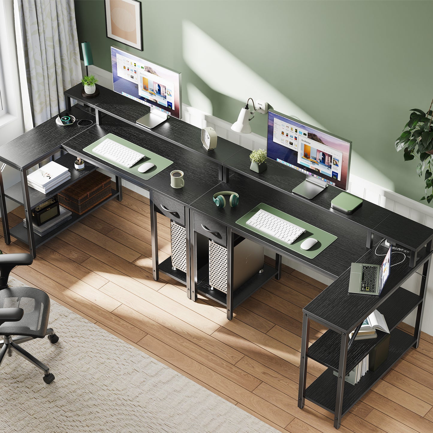 SUPERJARE 47 inch L Shaped Gaming Desk with LED Lights & Power Outlets, Reversible Computer Desk with Shelves & Monitor Stand, Corner Desk with Drawer, for Home & Office