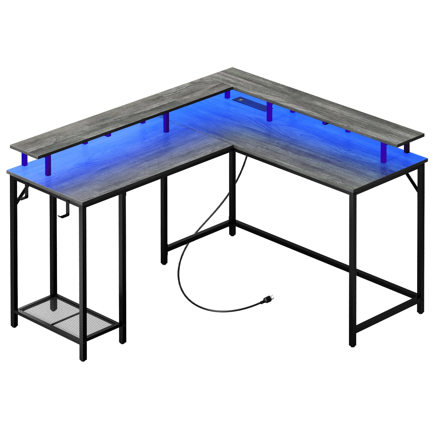SUPERJARE L Shaped Gaming Desk with Power Outlets & LED Lights, Computer Desk, Gray, 7933HC