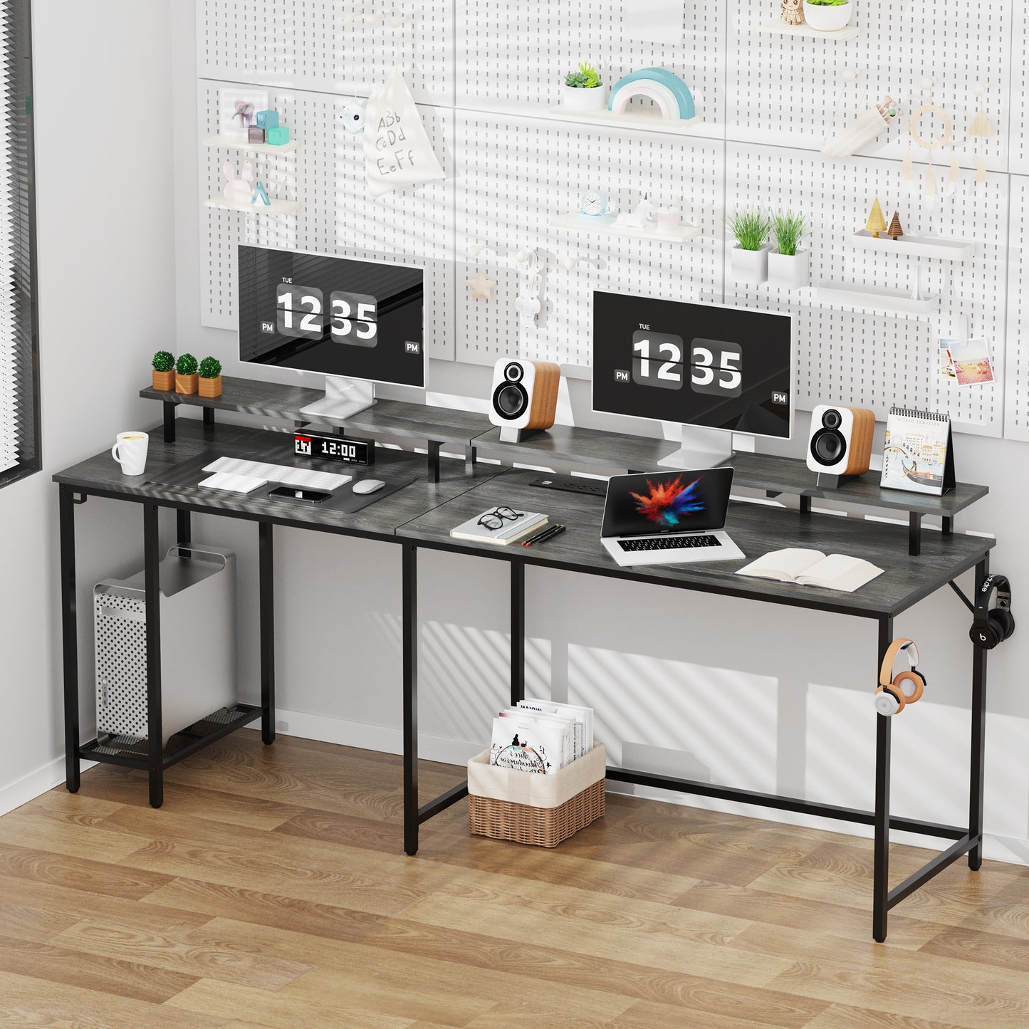 SUPERJARE L Shaped Gaming Desk with Power Outlets & LED Lights, Computer Desk, Gray, 7933HC