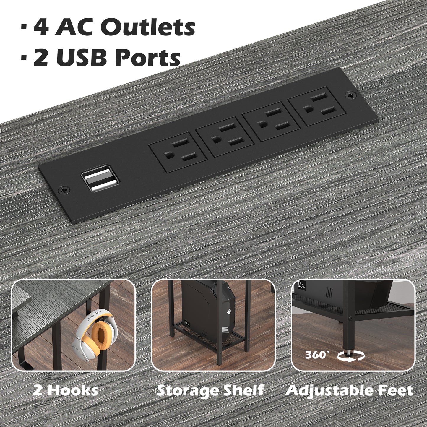 SUPERJARE L Shaped Gaming Desk with Power Outlets & LED Lights, Computer Desk, Gray, 7933HC