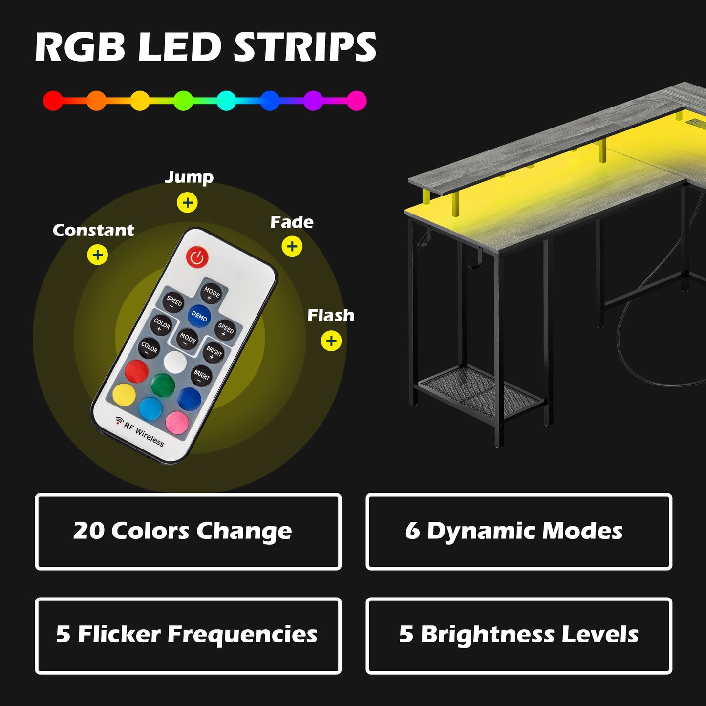 SUPERJARE L Shaped Gaming Desk with Power Outlets & LED Lights, Computer Desk, Gray, 7933HC