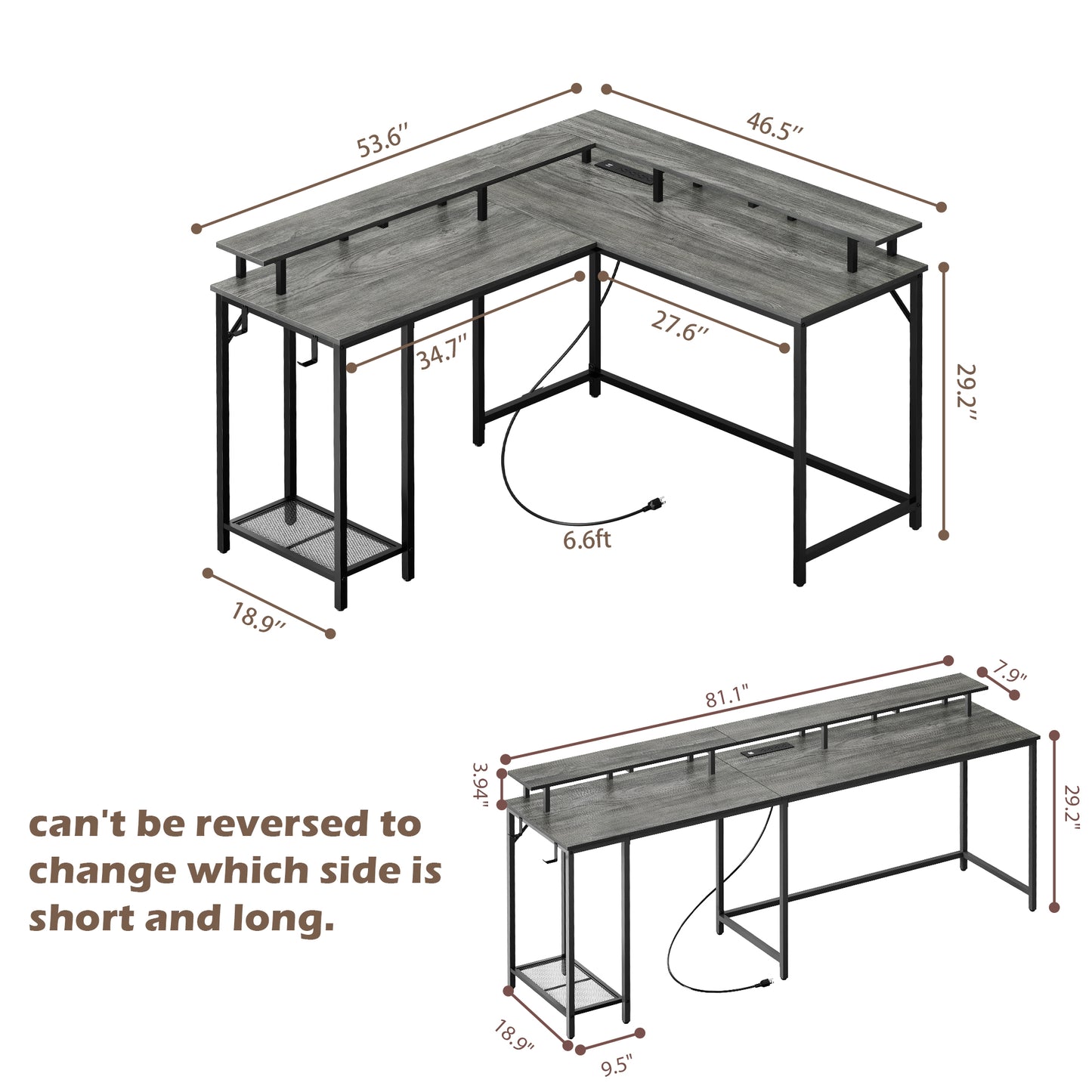 SUPERJARE L Shaped Gaming Desk with Power Outlets & LED Lights, Computer Desk, Gray, 7933HC