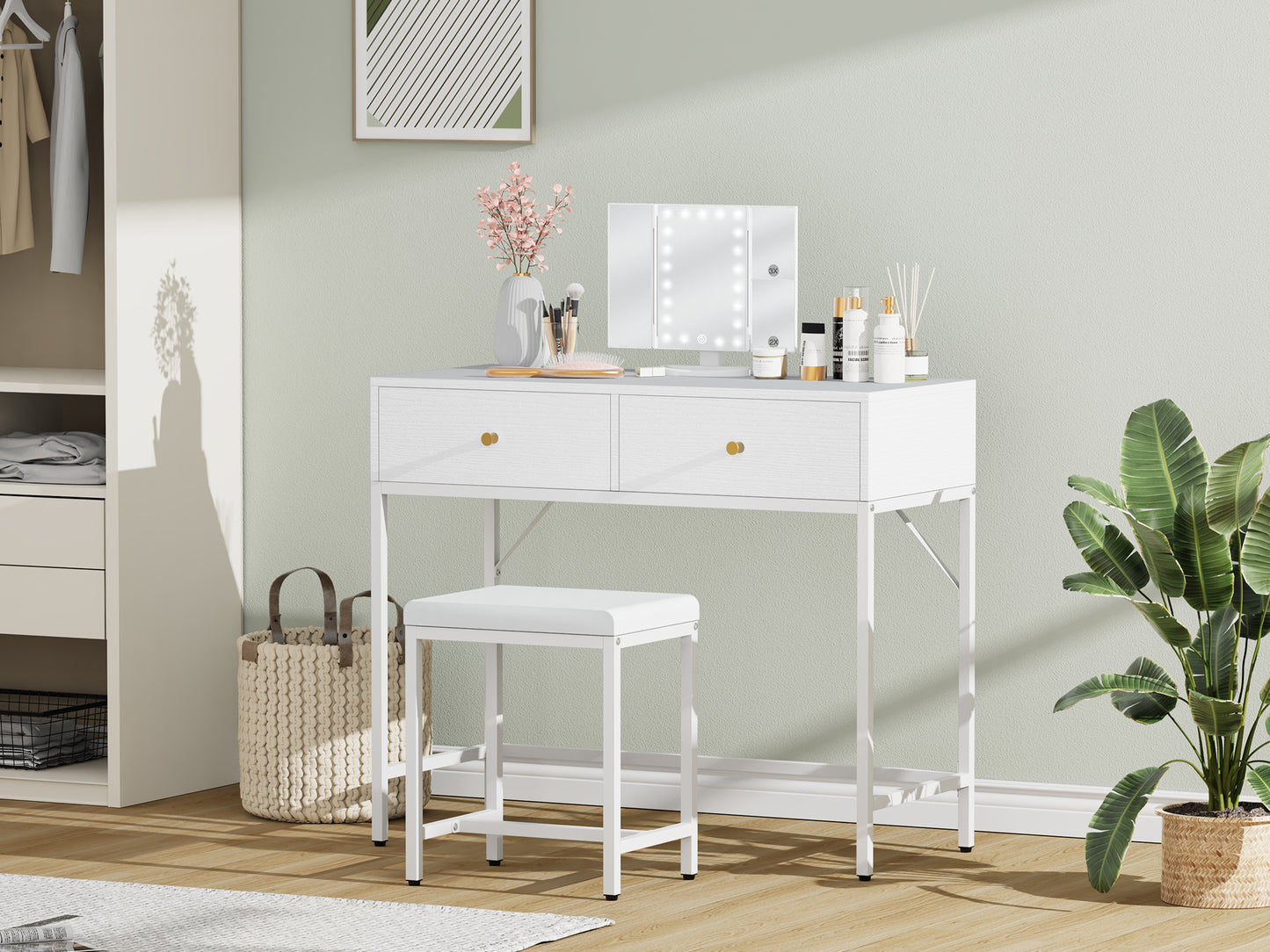 SUPERJARE Vanity Desk, Makeup Vanity with Stool & Tri-fold Lighted Mirror, Vanity Table Set with 2 Large Drawers - White, 7931W