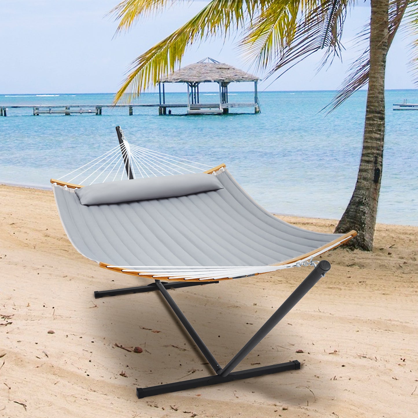 SUPERJARE 12FT Double Hammock with Stand, Gray - 3702B - SUPERJARE