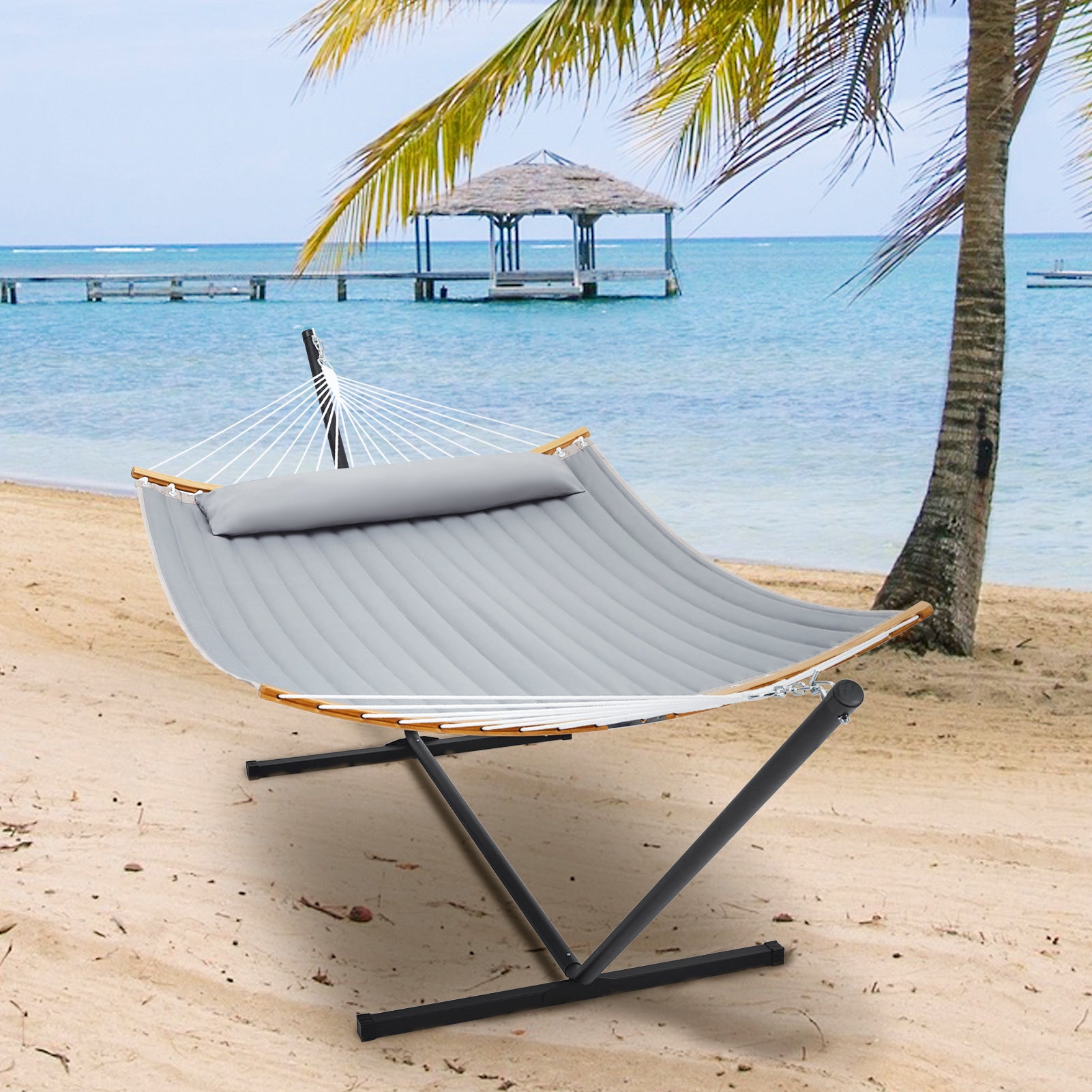 SUPERJARE 12FT Double Hammock with Stand, Gray - 3702B - SUPERJARE