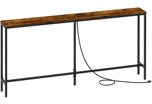 SUPERJARE 63’’ Narrow Console Table with 2 Power Outlets and 2 USB Ports - Vintage Brown, 7928FC