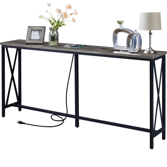 SUPERJARE 70 Inch Console Table with 2 Outlets and 2 USB Ports, Extra Long Entryway Table with Metal Frame and X-Shaped Design, -Gray, 7922HC