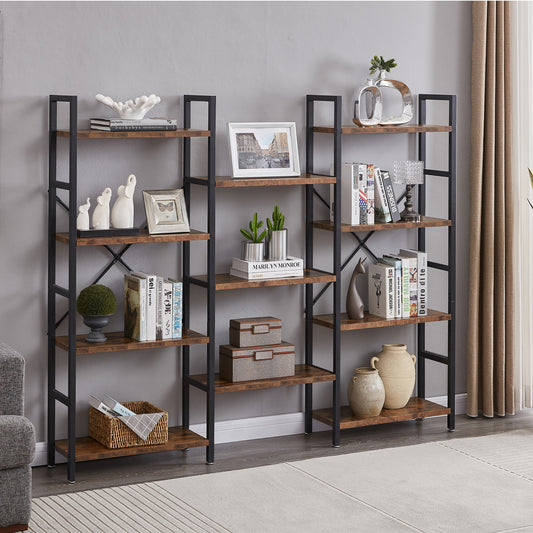 SUPERJARE Triple Wide 4-Tier Bookshelf, Rustic Brown - 80916F - SUPERJARE