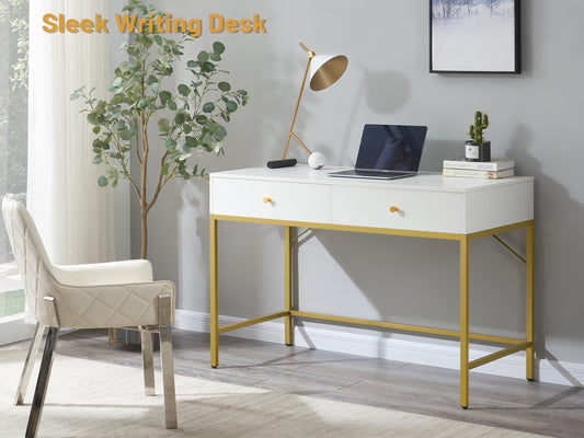 SUPERJARE Computer Desk with 2 Drawers, White and Gold - 7923G