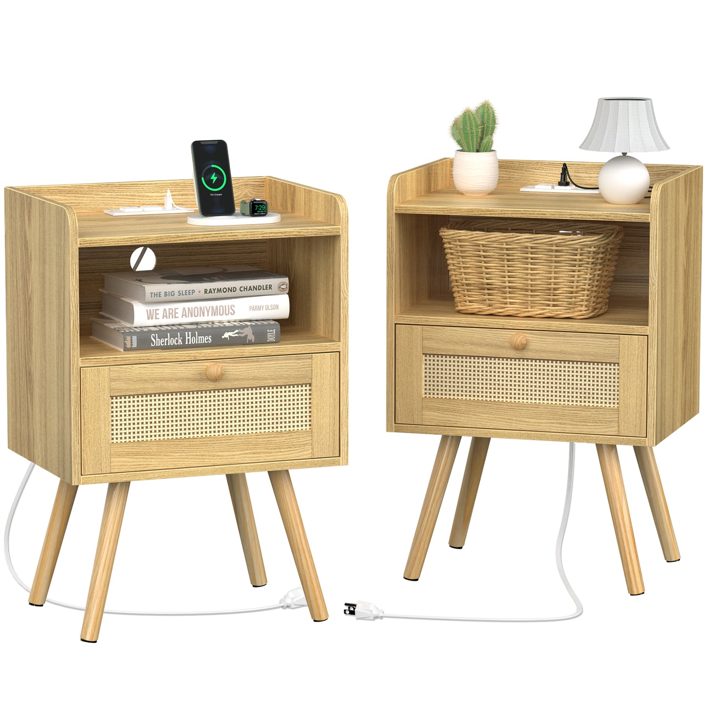 SUPERJAER Nightstands Set of 2, Rattan Nightstands with Charging Station & Rattan-Like Decor Drawer, Solid Wood Legs - Teak, 8622TC