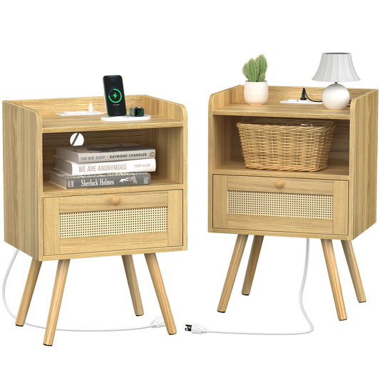 SUPERJAER Nightstands Set of 2, Rattan Nightstands with Charging Station & Rattan-Like Decor Drawer, Solid Wood Legs - Teak, 8622TC