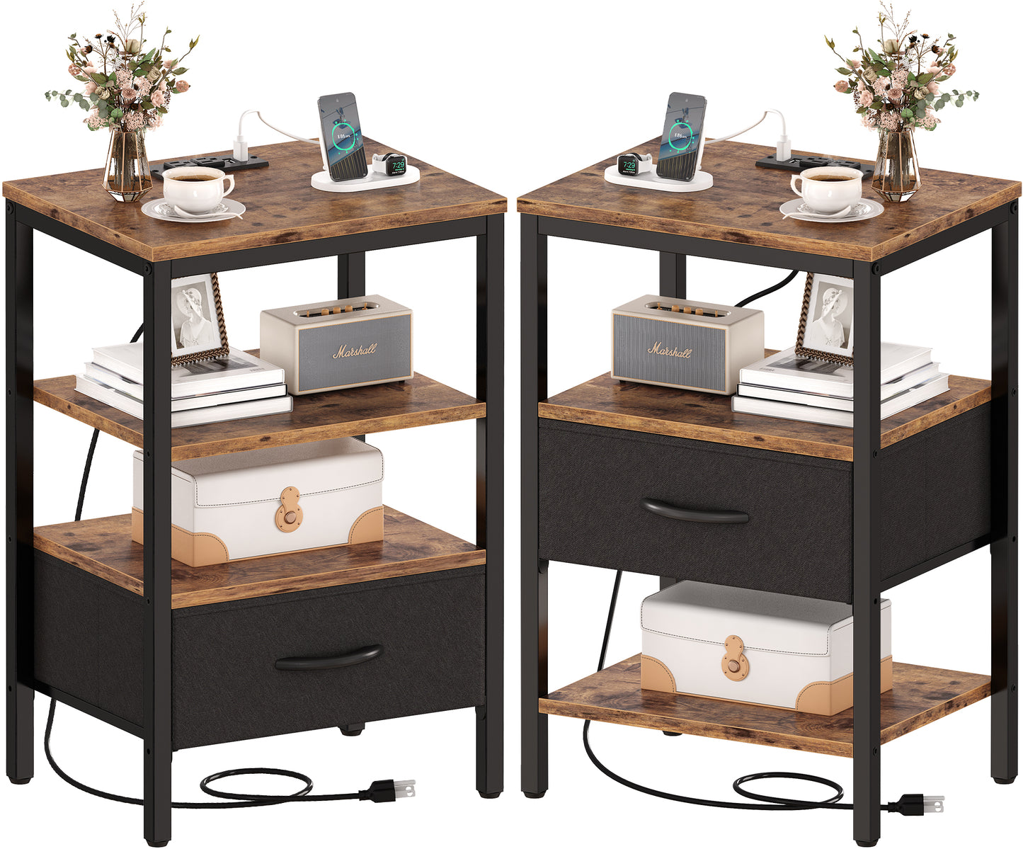 SUPERJARE Nightstands Set of 2, Charging Station, Adjustable Fabric Drawer, Vintage Brown 8630ZC