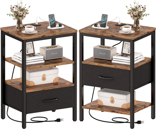 SUPERJARE Nightstands Set of 2, Charging Station, Adjustable Fabric Drawer, Vintage Brown 8630ZC