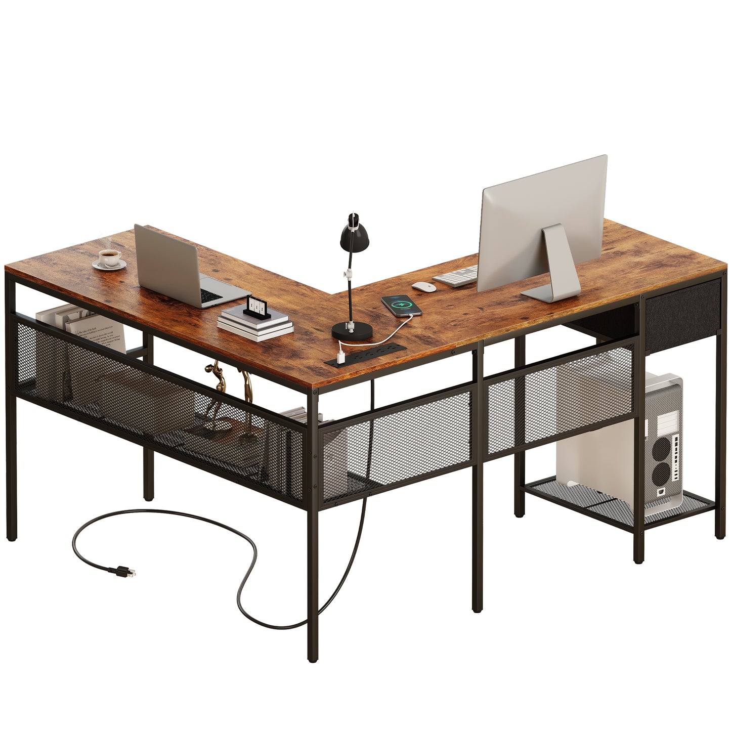 SUPERJARE L Shaped Desk with Power Outlets, Computer Desk with Drawer, Reversible Corner Desk with Grid Storage Bookshelf, Rustic Brown 7937ZC