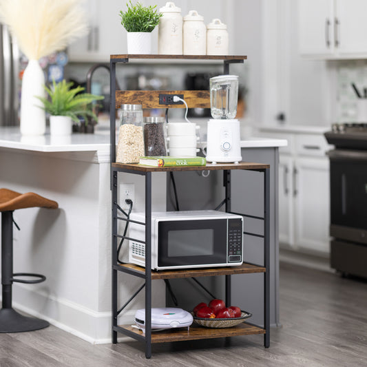 SUPERJARE Kitchen Bakers Rack with Power Outlet - Rustic Brown, 80921FC