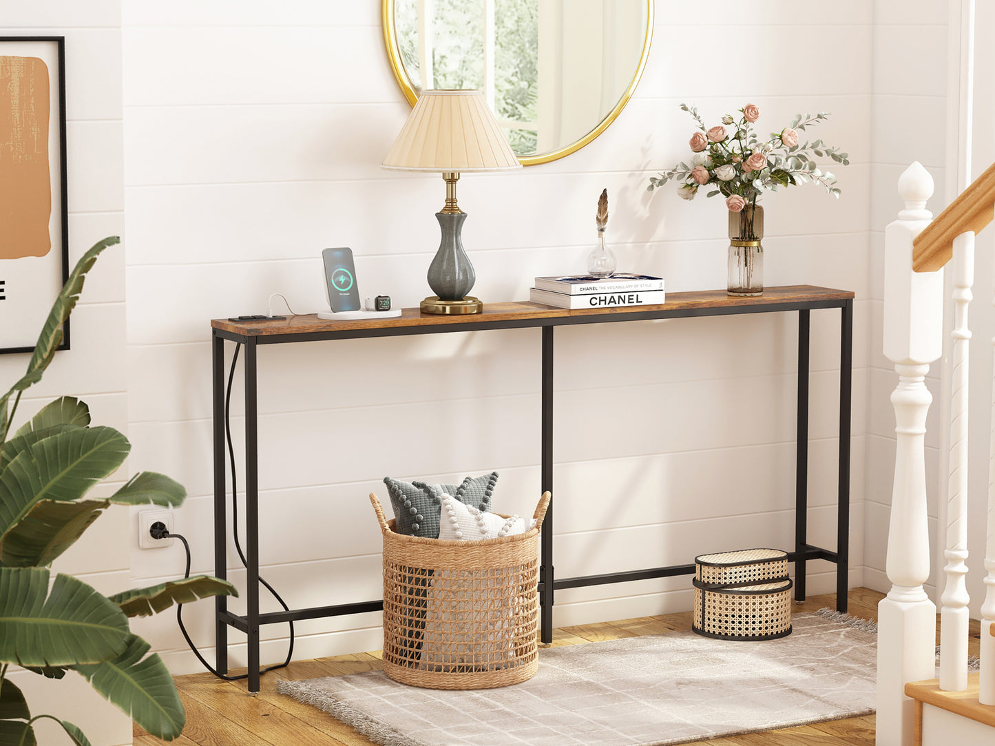 SUPERJARE 63’’ Narrow Console Table with 2 Power Outlets and 2 USB Ports - Vintage Brown, 7928FC