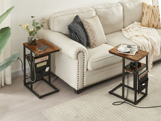 SUPERJARE Side Table with Charging Station Set of 2, Furniture of Metal - Rustic Brown, 8615FC