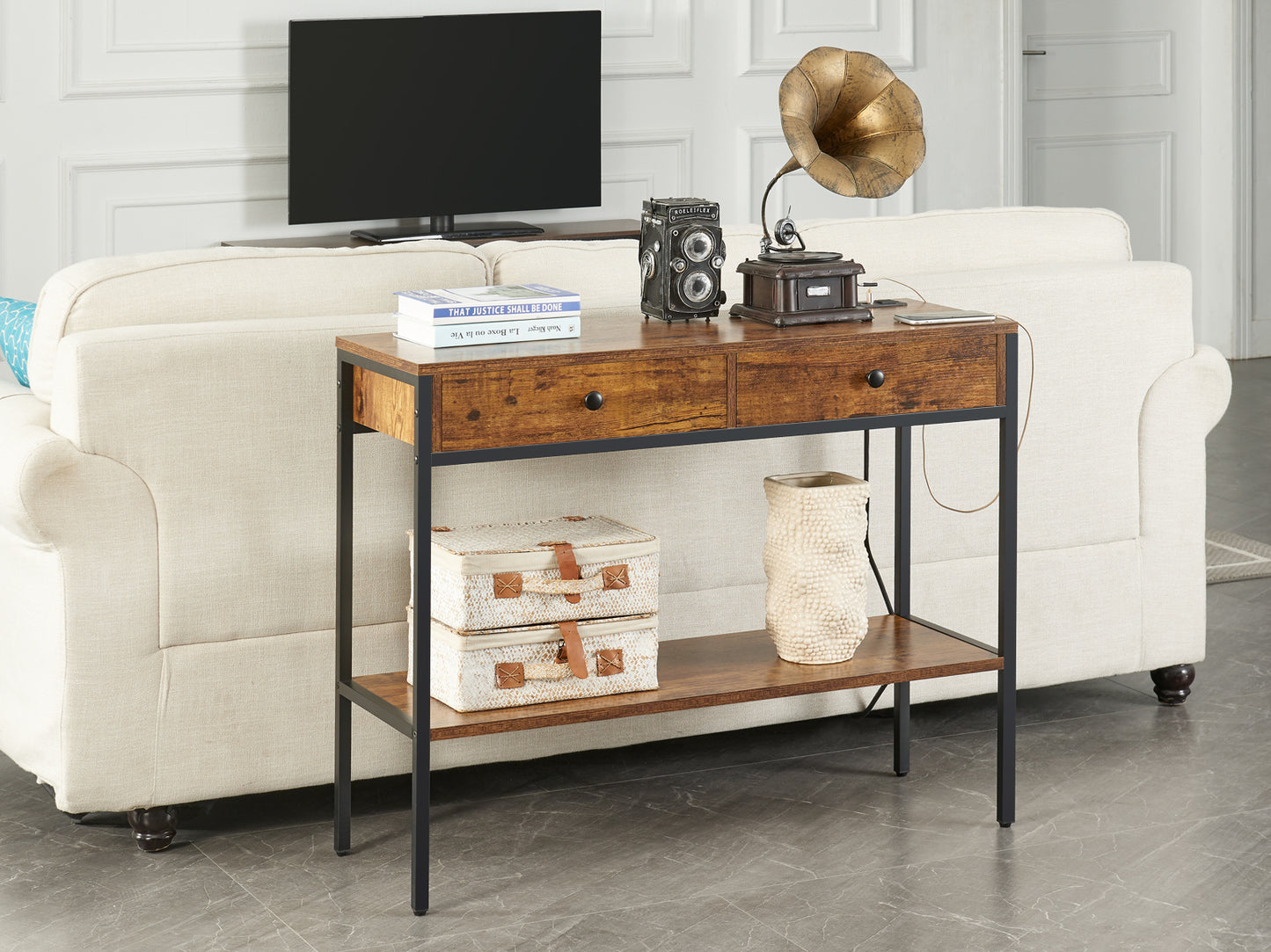 SUPERJARE Console Table with Power Outlet and USB Ports - Rustic Brown,7926FC