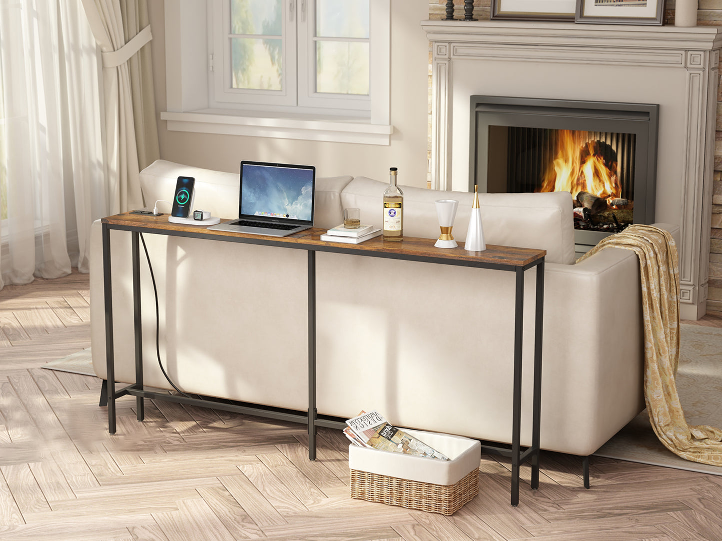 SUPERJARE 63’’ Narrow Console Table with 2 Power Outlets and 2 USB Ports - Vintage Brown, 7928FC