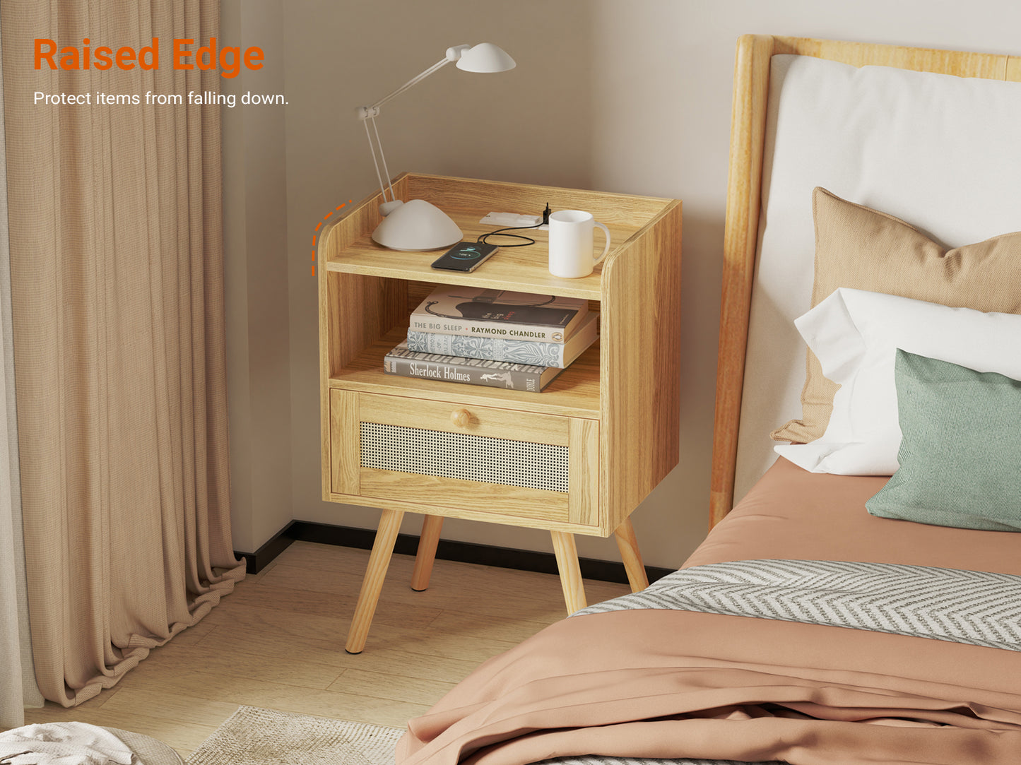 SUPERJAER Nightstands Set of 2, Rattan Nightstands with Charging Station & Rattan-Like Decor Drawer, Solid Wood Legs - Teak, 8622TC