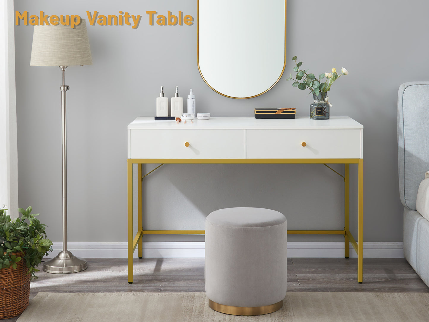 SUPERJARE Computer Desk with 2 Drawers, White and Gold - 7923G