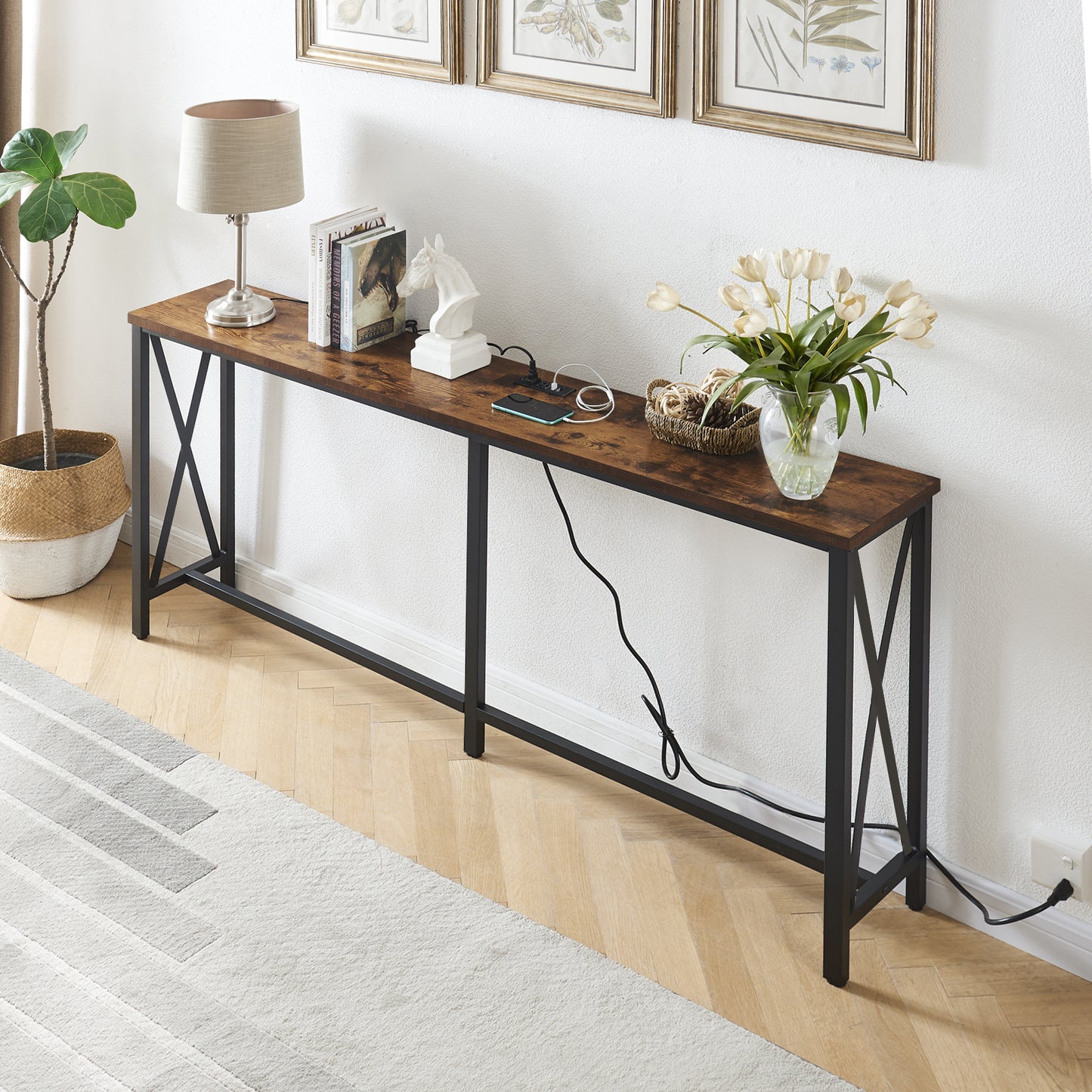 SUPERJARE 70.9 Inch Console Table with 2 Outlet and 2 USB Ports - Rustic Brown, 7922FC