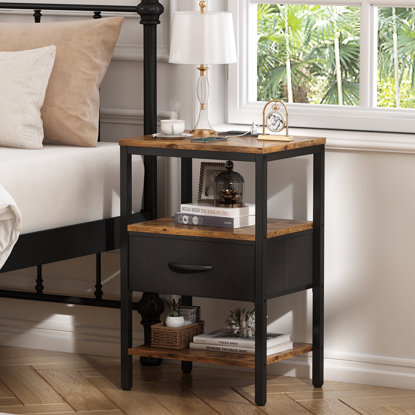 SUPERJARE Nightstand with Charging Station, Bed Side Table with Adjustable Fabric Drawer, 3-Tier Night Stand - Vintage Brown 8629ZC