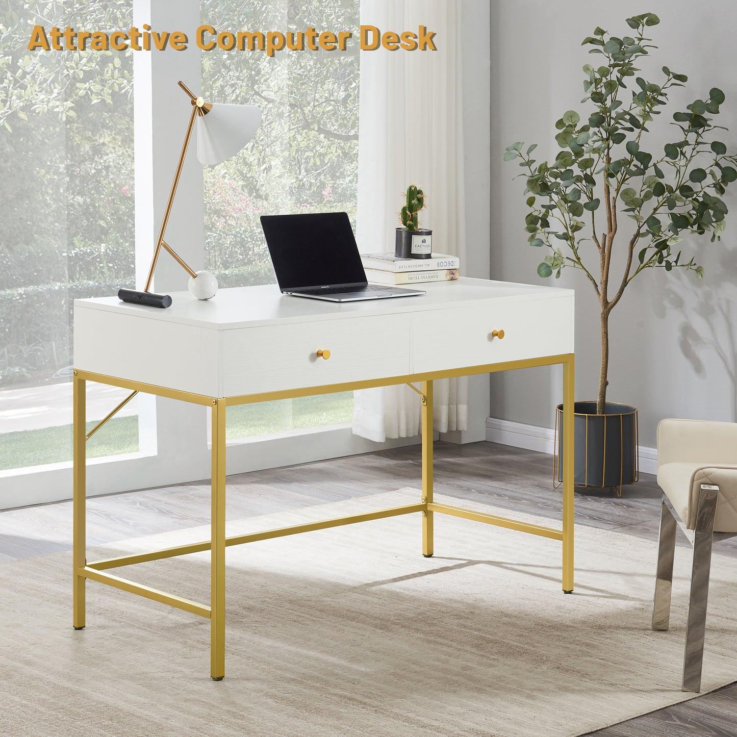 SUPERJARE Computer Desk with 2 Drawers, White and Gold - 7923G