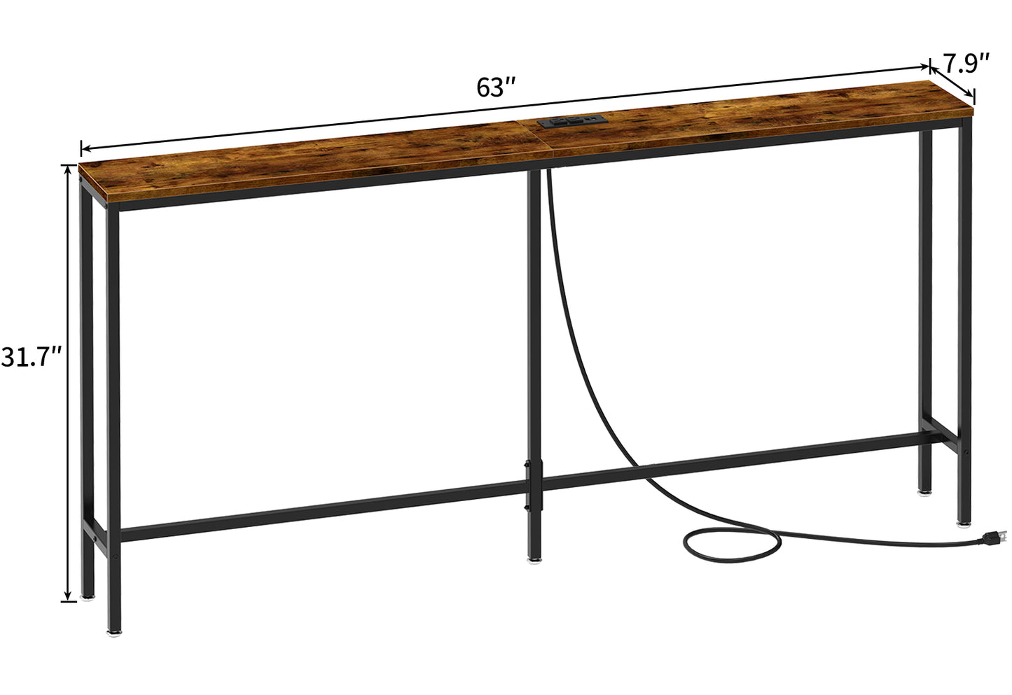 SUPERJARE 63’’ Narrow Console Table with 2 Power Outlets and 2 USB Ports - Vintage Brown, 7928FC