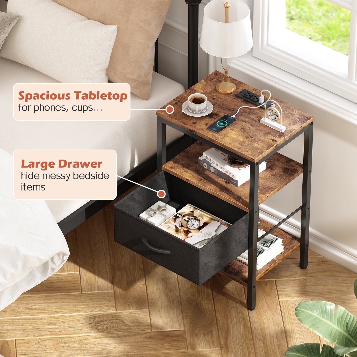 SUPERJARE Nightstands Set of 2, Charging Station, Adjustable Fabric Drawer, Vintage Brown 8630ZC