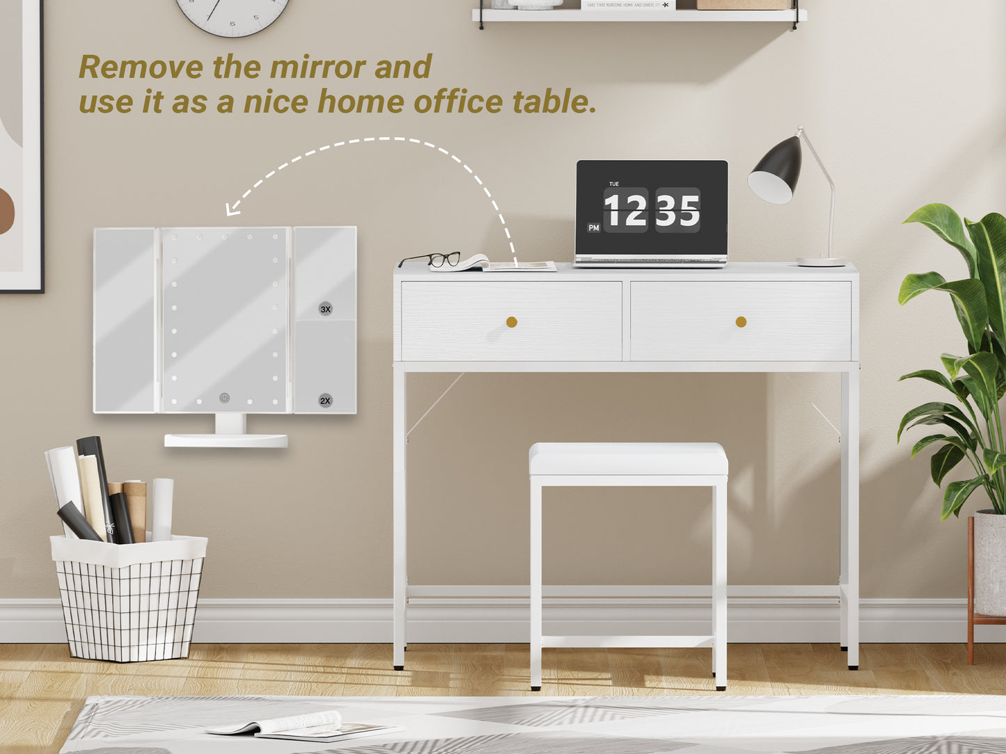 SUPERJARE Vanity Desk, Makeup Vanity with Stool & Tri-fold Lighted Mirror, Vanity Table Set with 2 Large Drawers - White, 7931W