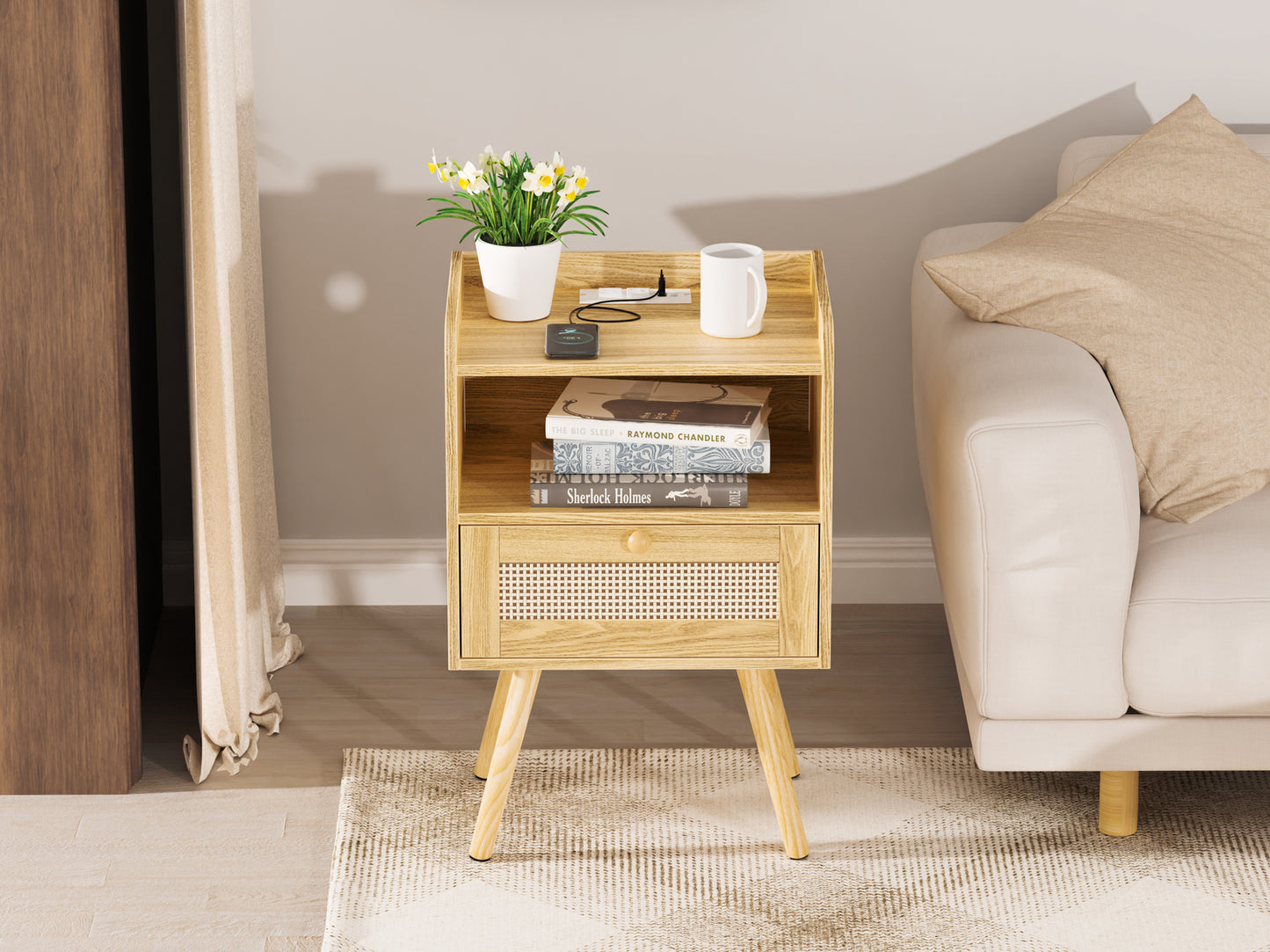 SUPERJARE Nightstand with Charging Station & Rattan-Like Decor Drawer, Solid Wood Feet - Teak, 8621TC